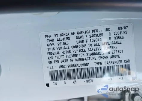 2008 Honda Accord 2.4 Ex-L z USA, uszkodzony, nr VIN 1HGCP26858A009981